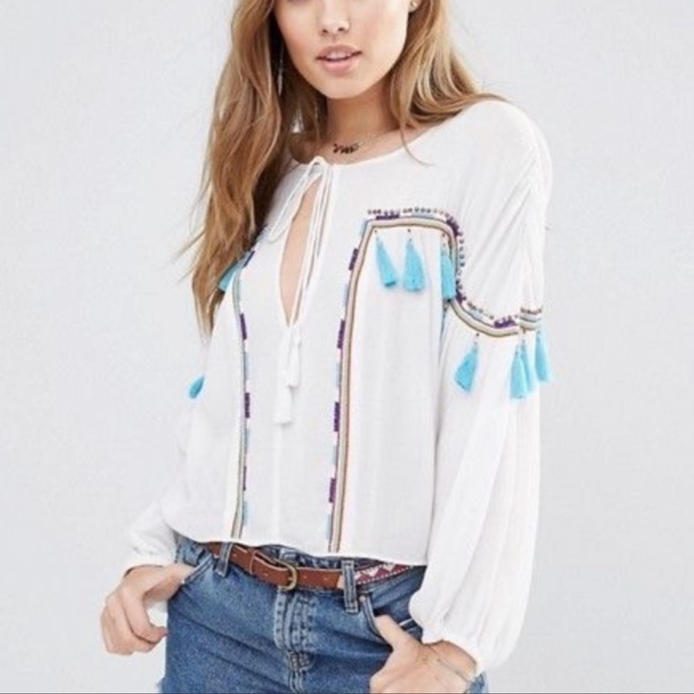 Piper by Townsen white beaded fringe blouse boho 100% viscose Large